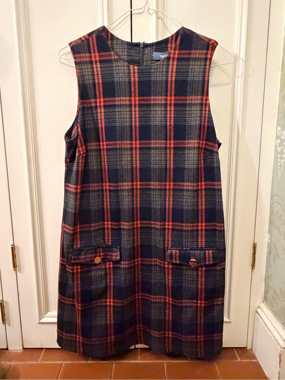 Modcloth Navy and Orange Plaid Sleeveless Shift Dress